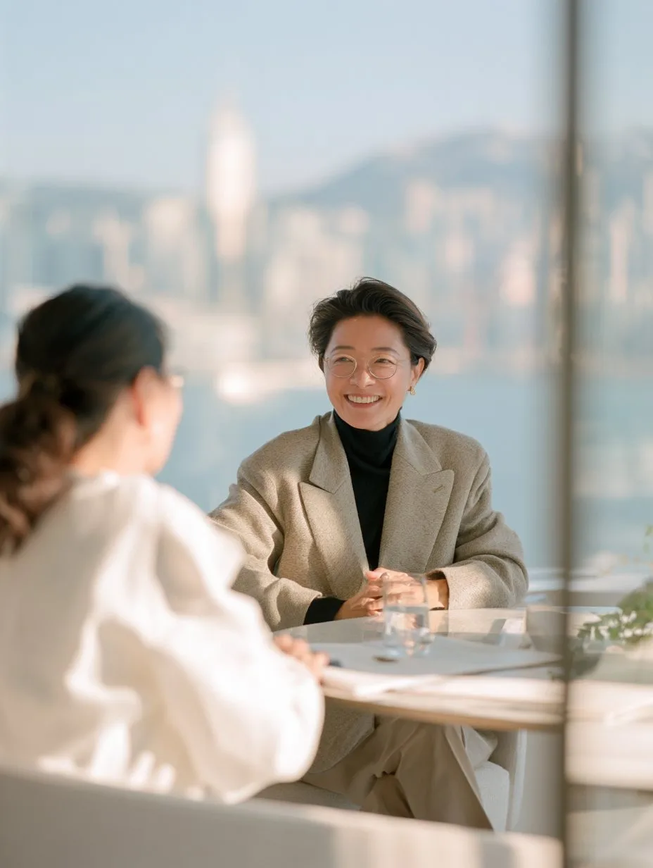 An adviser standing at a window overlooking Hong Kong