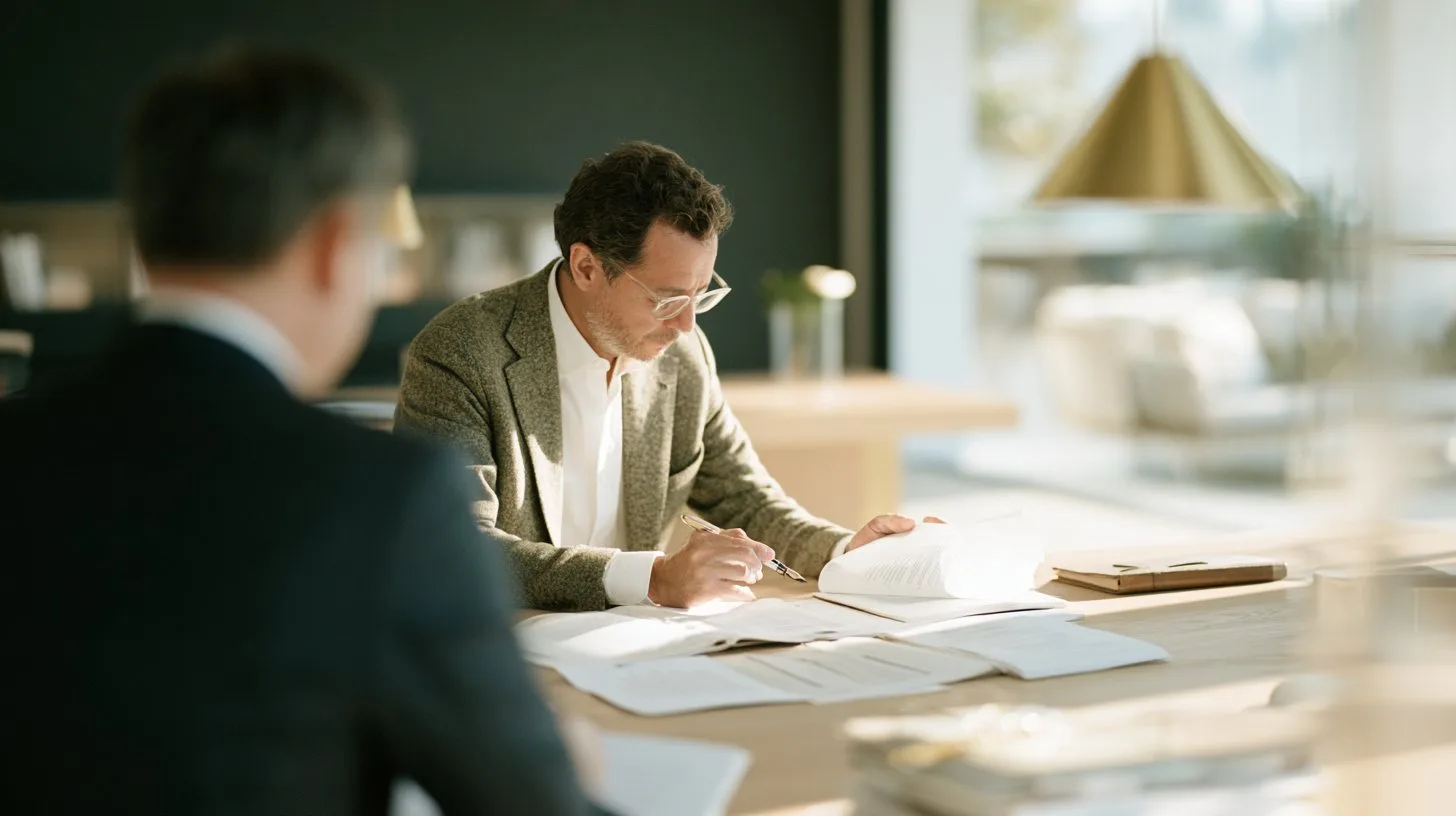 An adviser reviewing documents across several insurance areas