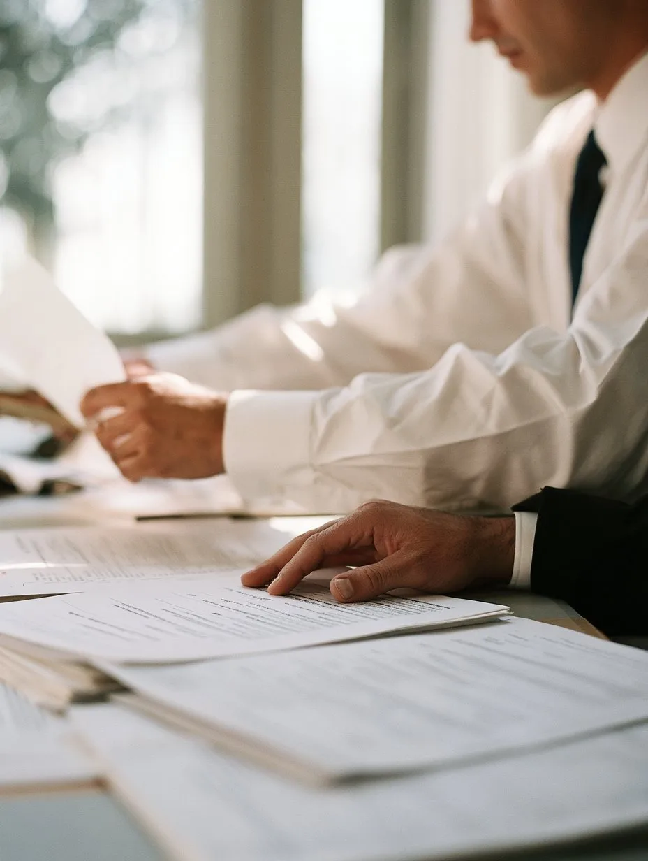 An adviser comparing several insurer policy documents on a desk