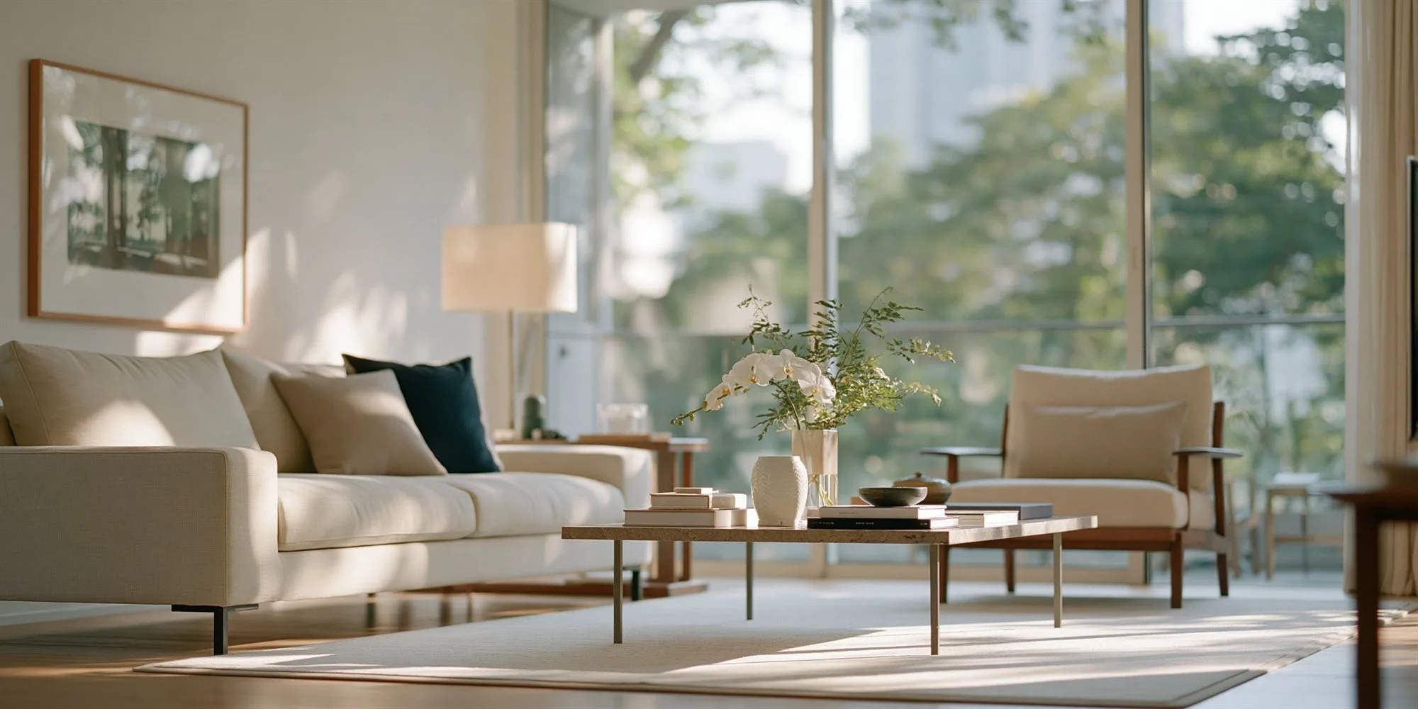 A private residence interior in warm evening light