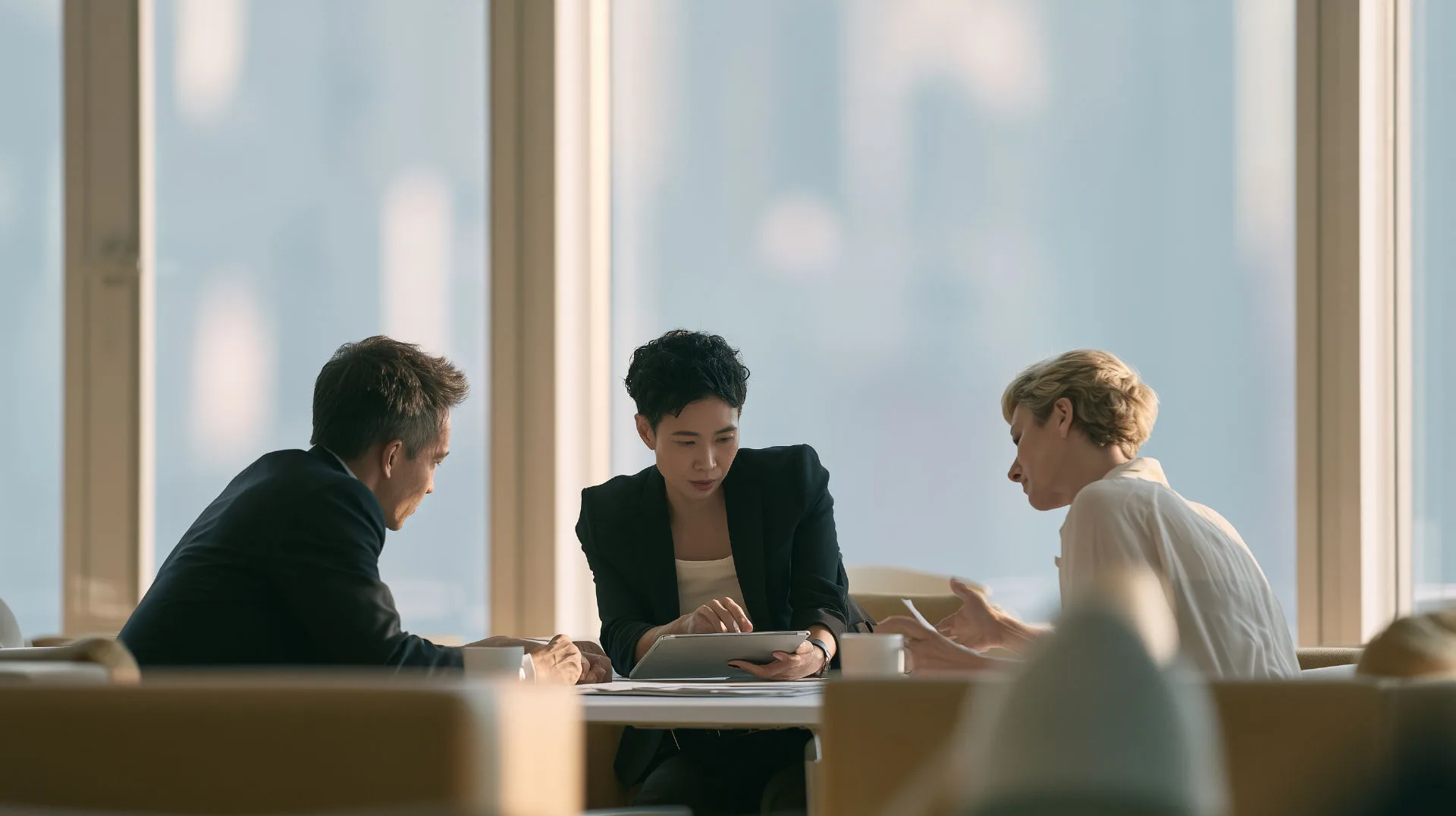 Senior business professionals in discussion in a Hong Kong office