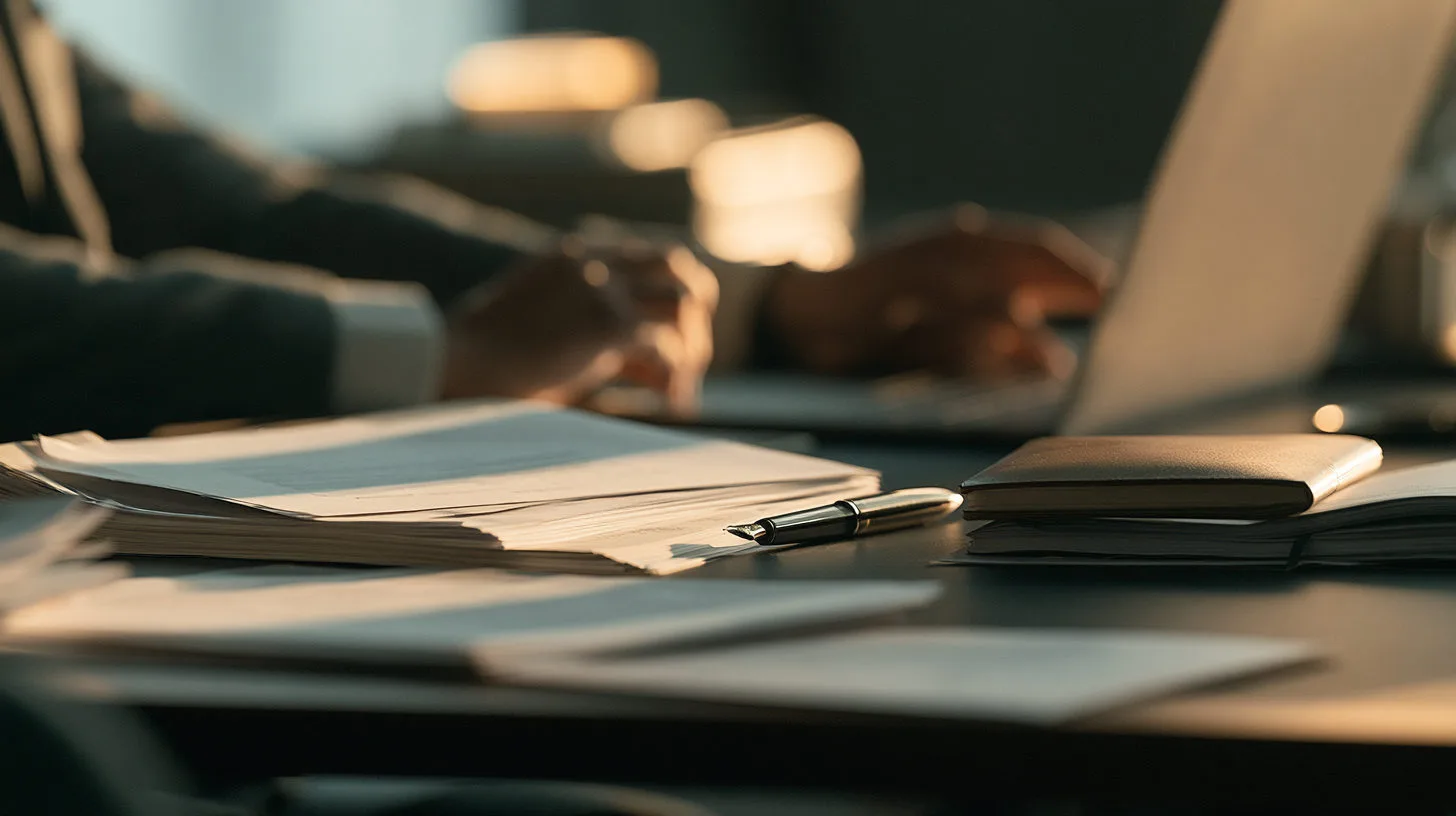 Documents, a pen and a laptop on an adviser's desk during a structured review